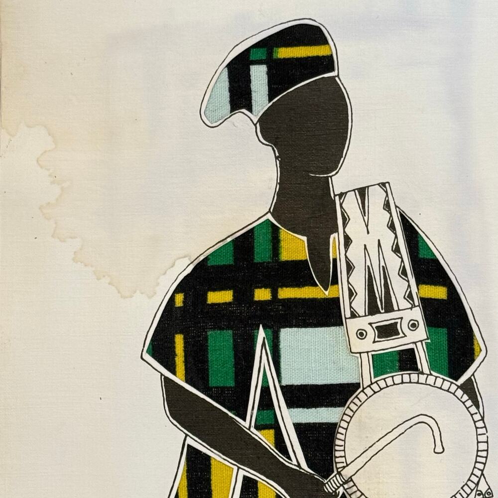 Oladele Olaopa Yoruba Musicians Fabric Collage Signed Art Distressed Bleed - Picture 5 of 8